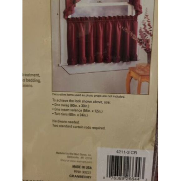 Mainstays Home Curtains One Pair Of Ruffled Tiers Cranberry 60"x36" - Picture 3 of 3